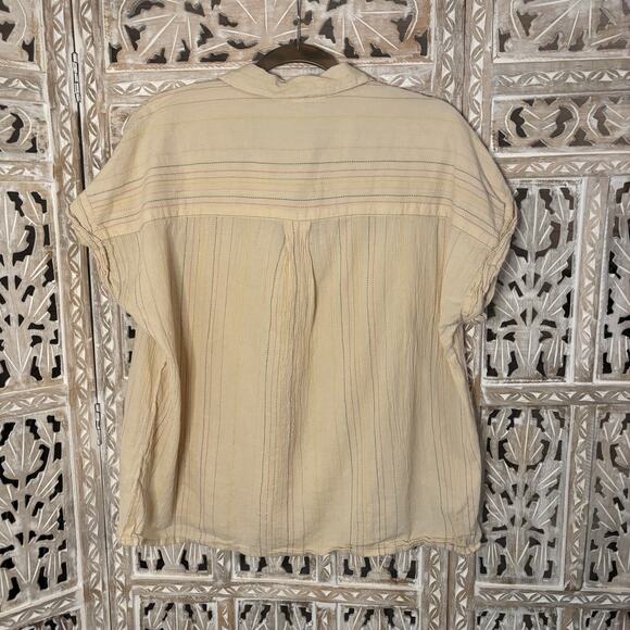 Studio West Shirt Women’s Beige Multi Color Striped Short Sleeve Textured Boho M - Picture 5 of 7
